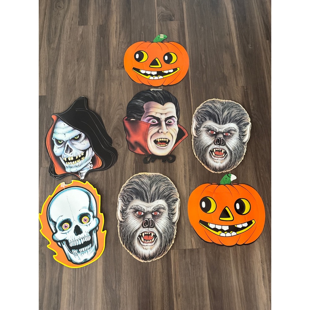 Beistle Halloween Die Cut Decorations Set 7pc Orange Vintage 1980s Monsters